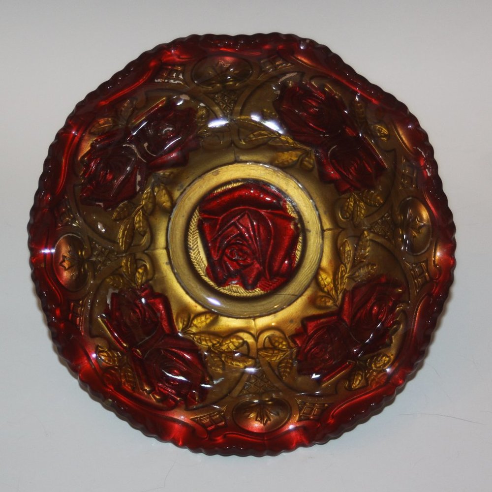 1890-1920 Antique Goofus Glass Bowl Cabbage Rose Red Gold Ruffled Edge Large